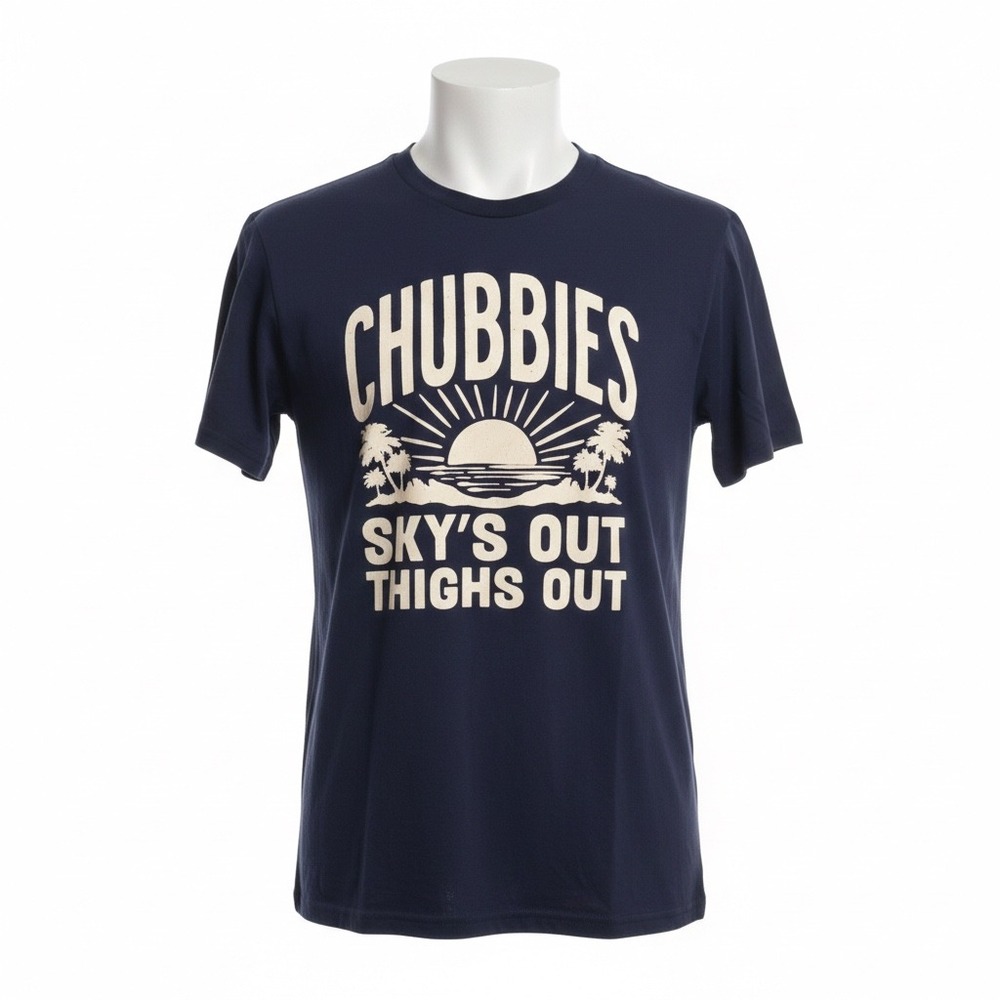 Chubbies Skys Out Thighs Out Graphic T-Shirt Mens Medium‎ Navy Blue Beach Sunset